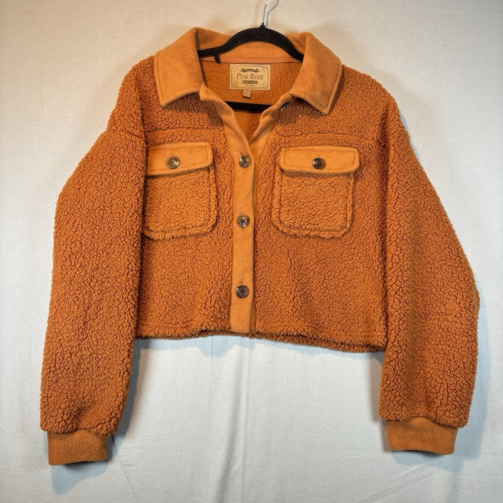 Pink Rose Cropped Brown/orange Sherpa Jacket Medium